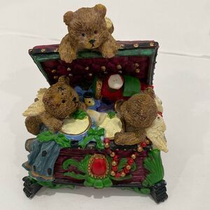 Vintage Three Angle Bears Inside Of A Red And Green Toybox W Candlestick Holder